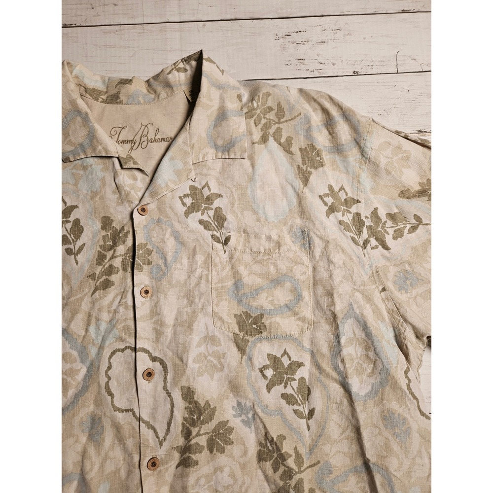 Tommy Bahama Mens‎ XXL Silk Linen Blend Tropical Paisley Camp Shirt Tan Olive